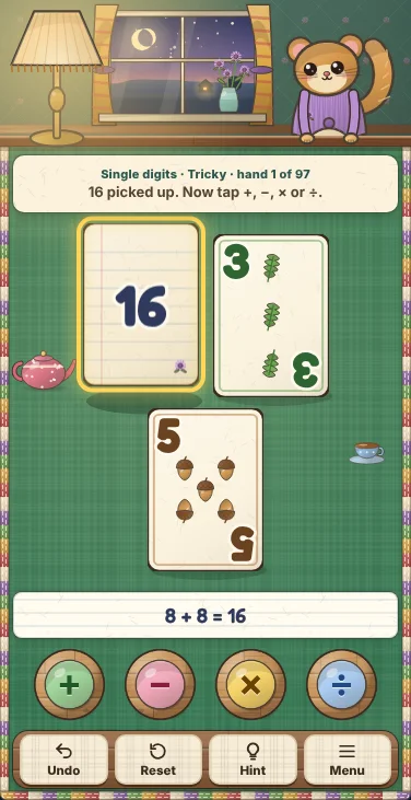 Actual gameplay of Bergamot Parlor 24 on a phone held upright: the Tricky hand 3, 5, 8 and 8 one merge in, with the new scorepad card 16 lifted in a warm gold ring beside the 3 and the 5 still to use, a message slip reading 16 picked up, the scorepad strip reading 8 + 8 = 16, a teapot and a teacup on the cloth, the four wooden operation tokens in a row, and the Undo, Reset, Hint and Menu buttons on a walnut tray at the bottom, with Ada the dormouse at the top under the window and the lamp.