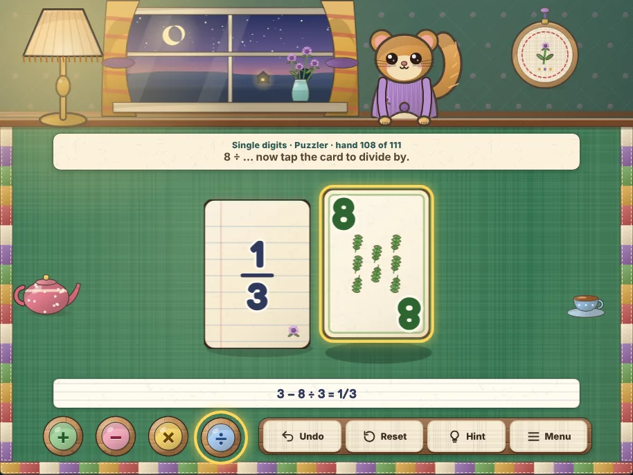 Actual gameplay of Bergamot Parlor 24 on a desktop browser: the hand 3, 3, 8 and 8 two merges in, with an 8 of leaves lifted in a warm gold ring next to a scorepad card showing the fraction 1/3, a teapot and a teacup on the cloth on either side, the divide token lit among the four wooden tokens, a message slip reading 8 ÷ … now tap the card to divide by, and the scorepad strip below reading 3 − 8 ÷ 3 = 1/3, while Ada the dormouse watches from across the table under a window, a lamp and an embroidery hoop.