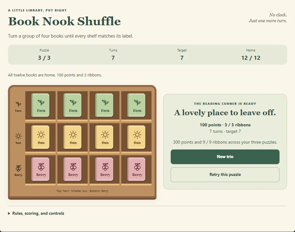 Actual completed Book Nook Shuffle trio with all three shelves sorted and a 300-point, nine-ribbon result.