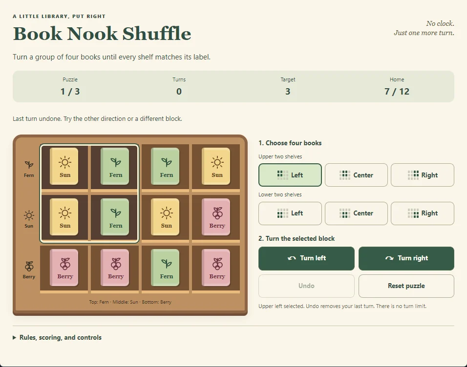 Actual Book Nook Shuffle board with the upper-left four books outlined, labeled shelves, miniature block selectors, and left and right turn buttons.