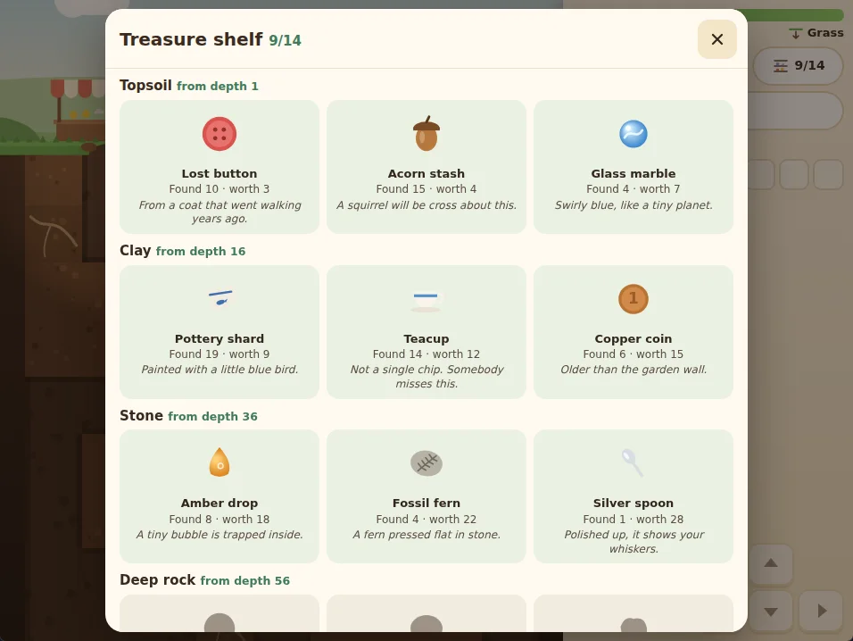 Actual Burrow Down treasure shelf with 9 of 14 found: the topsoil, clay and stone treasures shown in color with how many were found, their value and a short note, and the deep rock treasures still gray shadows.