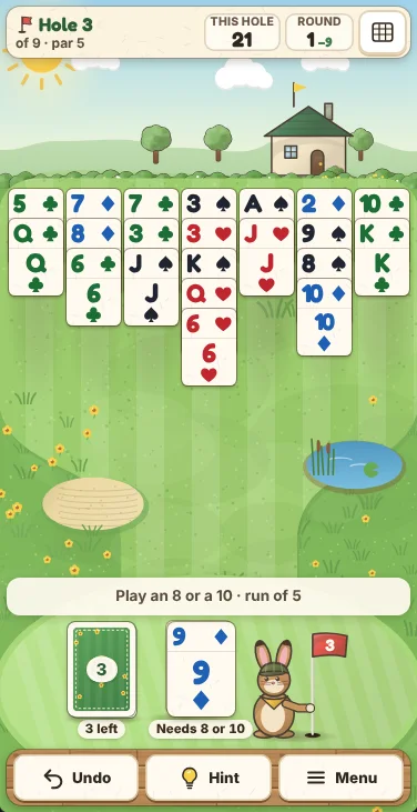 Actual Buttercup Links Golf Solitaire gameplay on a phone-sized screen: the scorecard strip with hole 3 and the round total at the top, seven narrow columns of face-up cards on the fairway, a bunker and a pond in the rough, the message line, the stock and waste on the green with Willa the hare, and Undo, Hint and Menu buttons on a wooden bench at the bottom.