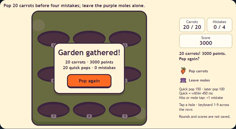 Actual Carrot Pop result showing 20 carrots, 3,000 points, 20 quick pops, zero mistakes, and a Pop again button.