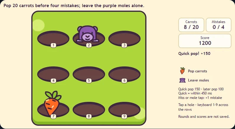 Actual Carrot Pop gameplay at eight carrots and 1,200 points, with an orange carrot in hole 7 and a purple mole in hole 2.