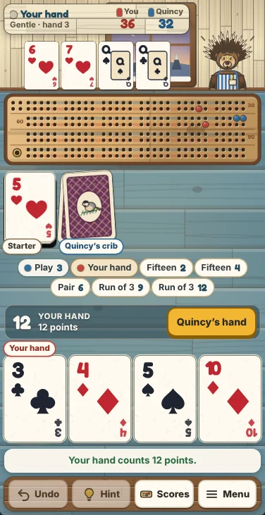 Actual Chickadee Hill Cribbage gameplay on a phone-sized screen: the score sign and Quincy the porcupine at the top beside his cards, the cribbage board across the table, the starter and the crib, the count of a hand listed line by line, your cards near the bottom, and Undo, Hint, Scores and Menu below.
