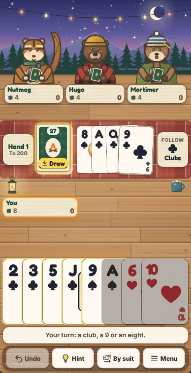 Actual Ember Ridge Crazy Eights gameplay on a phone held upright: Nutmeg the chipmunk, Hugo the bear and Mortimer the marmot in a row at the top under the string lights, each holding face-down cards above a name plate that shows four cards left; on the plaid blanket below, the hand sign (hand 1, to 200), the stock of 27 cards marked Draw, the discard pile fanned with the 9 of clubs on top, and a badge reading Follow Clubs; then your name plate, your eight cards in one overlapping row with the 2, 3, 5 and jack of clubs and the 9 of spades outlined and the ace of spades and the 6 and 10 of hearts dimmed, the message line asking for a club, a 9 or an eight, and the Undo, Hint, By suit and Menu buttons on a wooden board at the bottom.