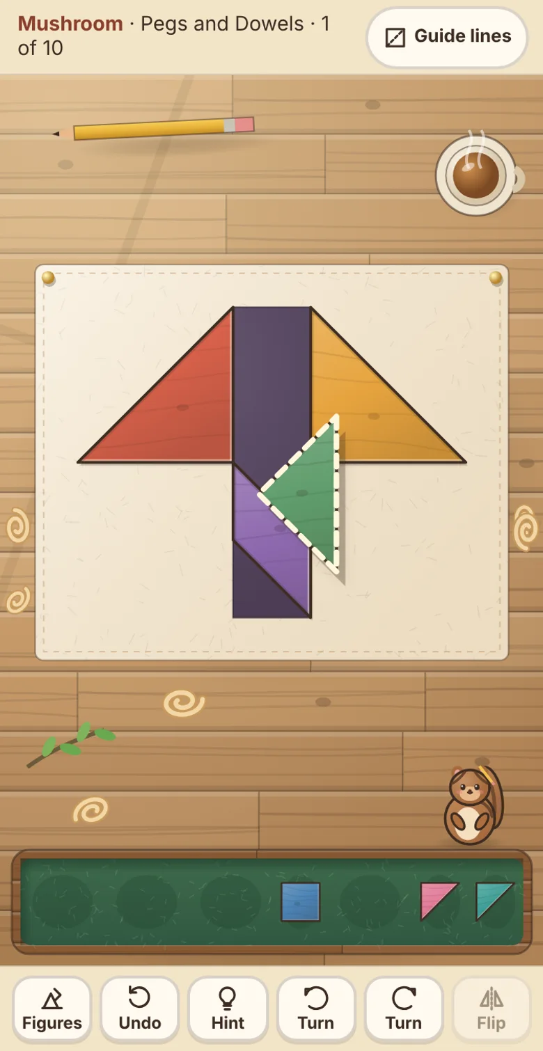 Actual Hickory Workshop Tangram gameplay on a phone held upright: a mushroom figure on a pattern card, partly filled with colored wooden pieces, a green triangle being dragged into place, the felt tray with the remaining pieces below, and the Figures, Undo, Hint, Turn and Flip buttons in a row along the bottom.