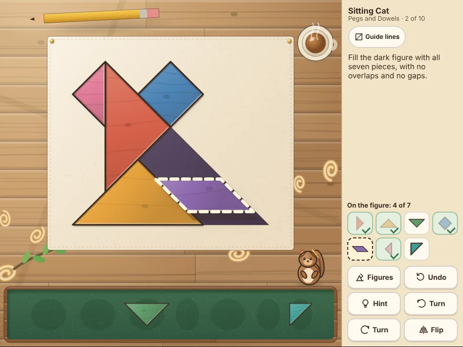 Actual Hickory Workshop Tangram gameplay on a desktop browser: a sitting cat figure on a pattern card pinned to a wooden workbench, partly filled with colored wooden pieces, a purple parallelogram held above its spot, the last two pieces in a green felt tray, Tamsin the chipmunk at the corner of the bench, and a side panel with the seven pieces and the tool buttons.