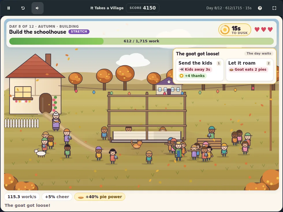It Takes a Village gameplay screenshot: day 8 of 12 in autumn, a crowd of villagers raising the schoolhouse frame with 15 seconds to dusk, while a village moment asks what to do about a loose goat.