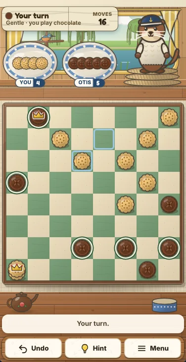 Actual Kingfisher Canal Checkers gameplay on a phone-sized screen: the turn sign, the two plates of taken pieces and Otis the otter on his rope coil across the top under the cabin window, the checkerboard filling the width below with your chocolate cookies at the bottom, the message line, and Undo, Hint and Menu on the shelf at the bottom.