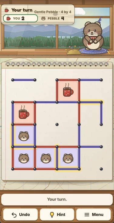 Actual Larkspur Lookout Dots and Boxes gameplay on a phone-sized screen: the lookout windows, the scoreboard sign and Pebble the pika on her cushion across the top, the notepad filling the width below with a game in progress, claimed boxes filled with camp mugs and Pebble’s face, the message line, and Undo, Hint and Menu on the shelf at the bottom.