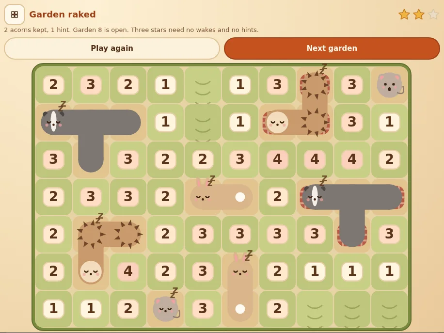 Actual Leaf Pile Nap results after raking garden 7: Garden raked with two of three stars, the line 2 acorns kept, 1 hint, Garden 8 is open, Three stars need no wakes and no hints, and Play again and Next garden buttons above the finished garden, where every animal is shown: two badgers, two hedgehogs, two rabbits and two mice, all asleep except the mouse woken earlier.