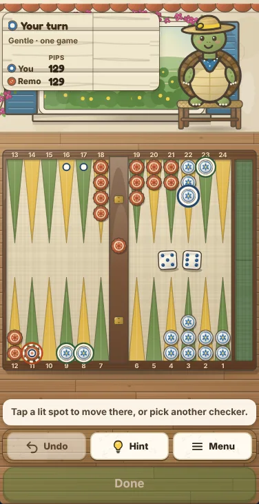 Actual Lemon Terrace Backgammon gameplay on a phone-sized screen: the score sign with both pip counts and Remo the tortoise on his stool under the terrace window across the top, the walnut board filling the width below with your white checkers and Remo’s terracotta checkers, one of your checkers picked up with its landings lit, and the message line, Undo, Hint and Menu and the big Done button at the bottom.