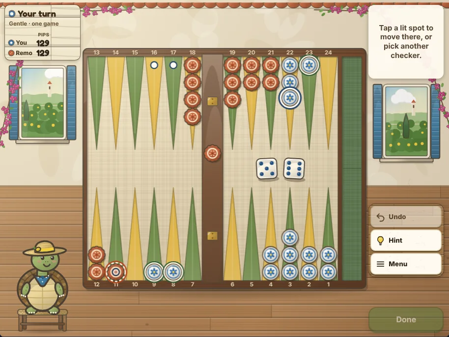 Actual Lemon Terrace Backgammon gameplay on a desktop browser: the walnut board in the middle of a sunny terrace, with white checkers painted with a blue flower and terracotta checkers with a fluted edge on lemon and olive points, one terracotta checker on the bar, one of your checkers picked up with its landing spots lit and your two ivory dice on your half of the board; the score sign with both pip counts and Remo the tortoise on his stool at the left, and the message line, Undo, Hint and Menu and the Done button on the right.
