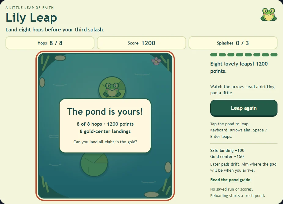 Actual completed Lily Leap crossing with eight successful hops and the final score.