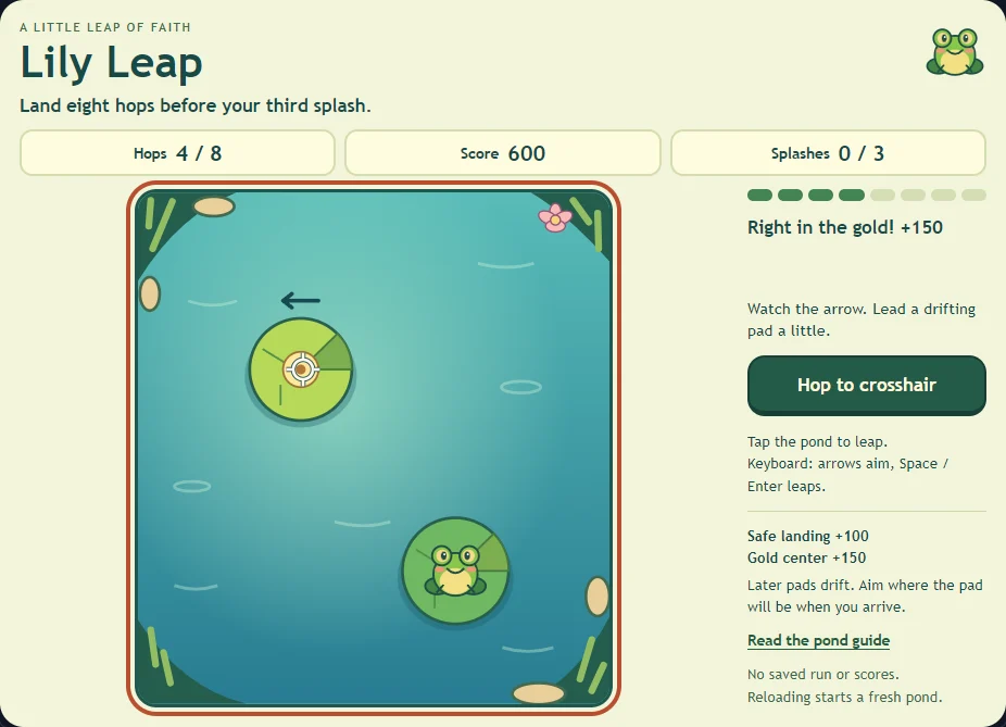 Actual Lily Leap gameplay with a frog, target lily pad, aiming ring, and crossing progress.