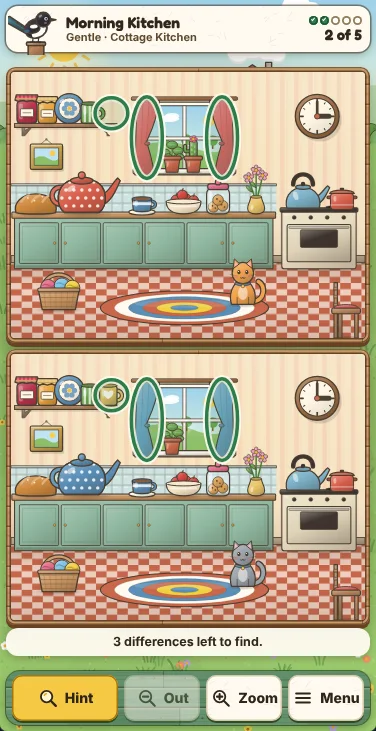 Actual Magpie Green Spot the Difference gameplay on a phone-sized screen: the two framed pictures of the scene stacked one above the other and filling the width, green rings around the differences already found, the scene name and the dots of differences found at the top beside Margot the magpie, and the Hint, Out, Zoom and Menu buttons along the bottom.