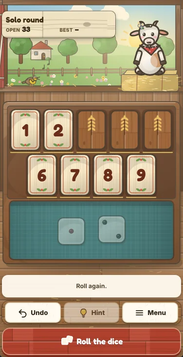 Actual Meadowlark Barn Shut the Box gameplay on a phone-sized screen: the counters sign and Posy the goat on her hay bale in front of the open loft door at the top, the box with its two rows of number tiles and the dice tray filling the width below, the message line, Undo, Hint and Menu on a shelf, and the big roll button at the bottom.