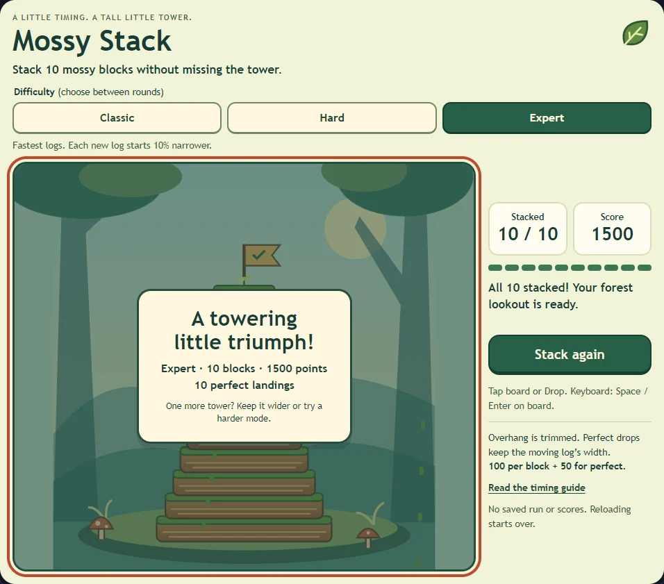 Actual completed Mossy Stack Expert tower with ten naturally narrowing logs and a 1500-point result from ten Perfect landings.