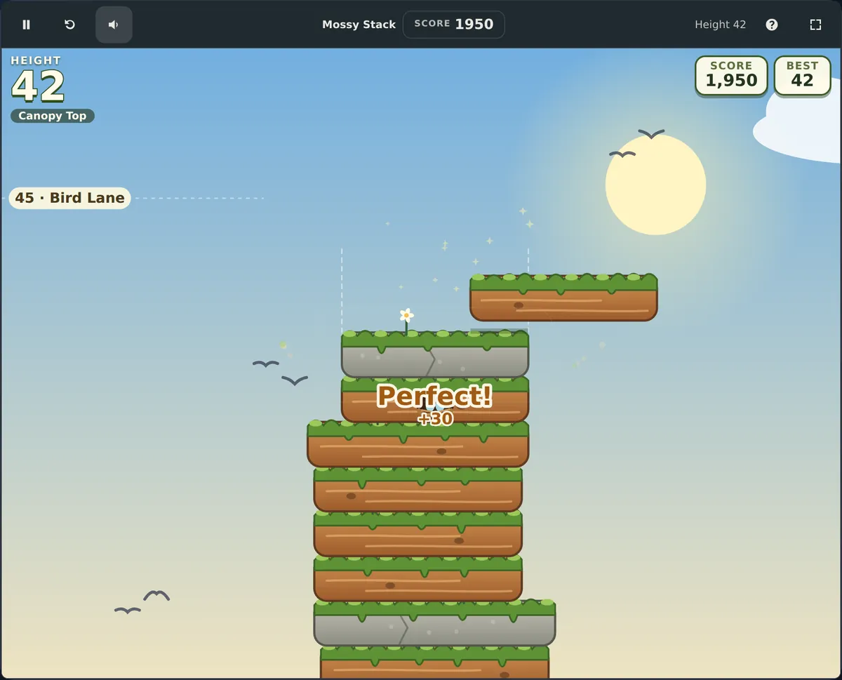 Mossy Stack gameplay screenshot: a tall tower of mossy logs with a Perfect +30 callout, and a toolbar across the top with pause, restart, sound, help and fullscreen buttons.