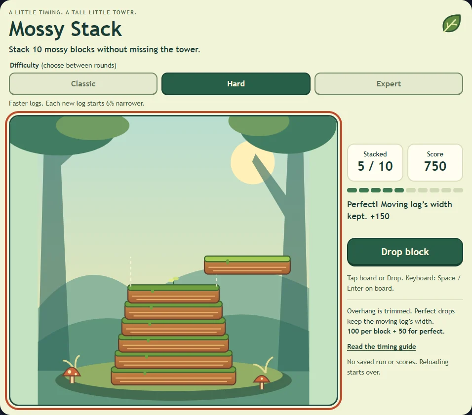 Actual Mossy Stack gameplay on Hard, showing five stacked logs, a narrower moving log, dotted alignment guides, and the Drop block control.