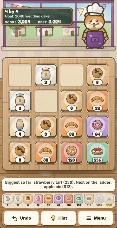 Actual Mulberry Lane Bakery gameplay on a phone-sized screen: the score chalkboard, Dumpling the hamster and the shop window at the top, the wooden pastry board of baked-good tiles with their numbers filling the width, the message line, the ladder of bakes, and Undo, Hint and Menu on a shelf at the bottom.