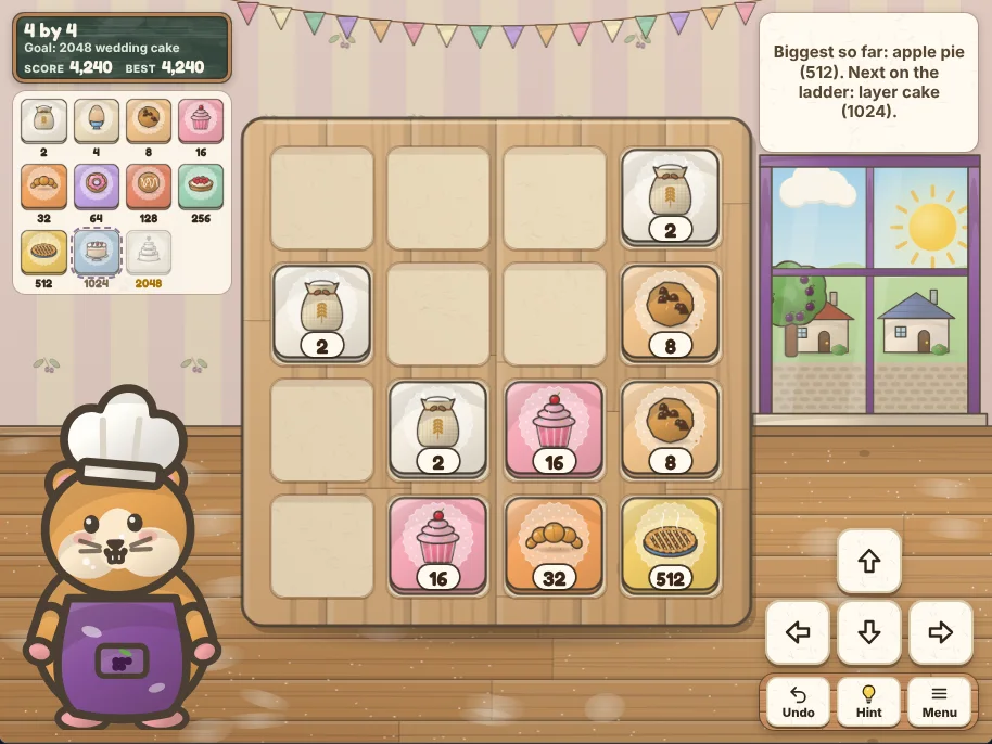 Actual Mulberry Lane Bakery gameplay on a desktop browser: the wooden 4 by 4 pastry board in the middle of a cartoon bakery, its tiles showing baked goods on colored plates with the numbers on cream labels, the score and best score on a chalkboard and the ladder of bakes on the left with Dumpling the hamster below, and the message, the shop window, the arrow buttons and Undo, Hint and Menu on the right.