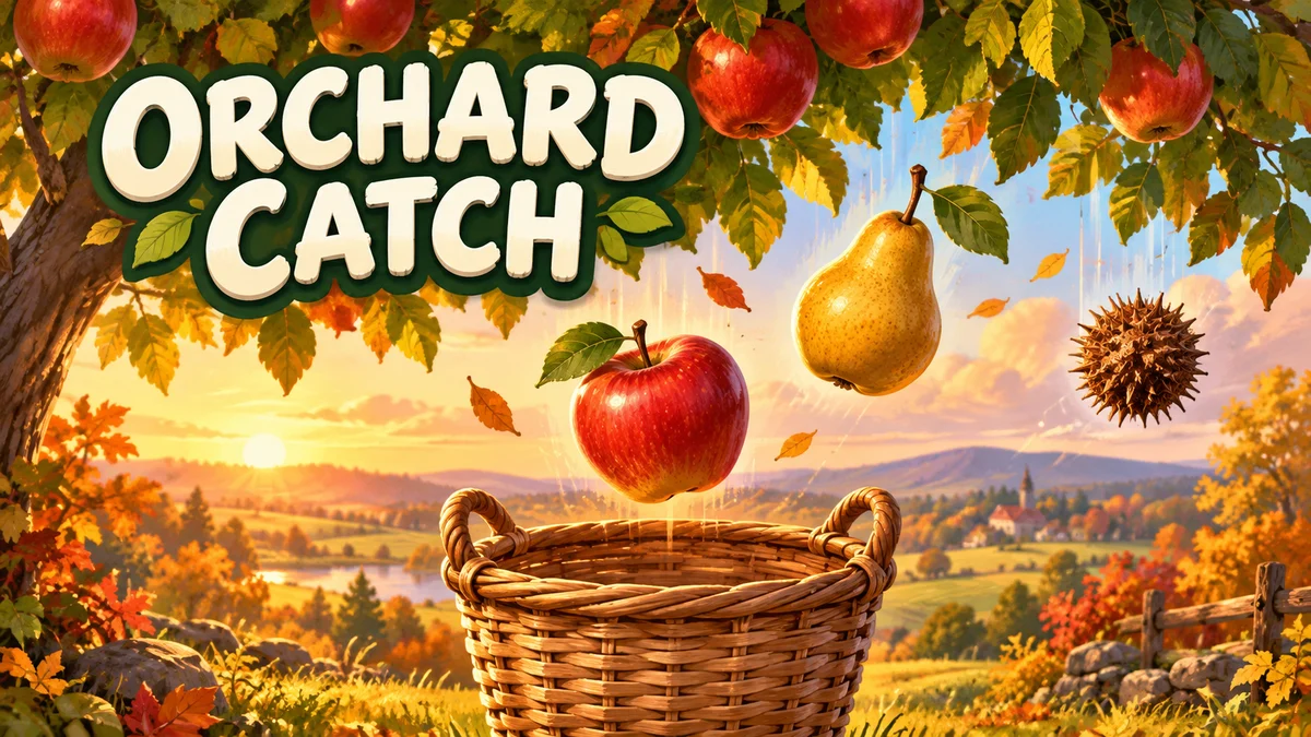 Orchard Catch title illustration of a wicker basket beneath red apples, golden pears, and a spiky burr in a sunny orchard.