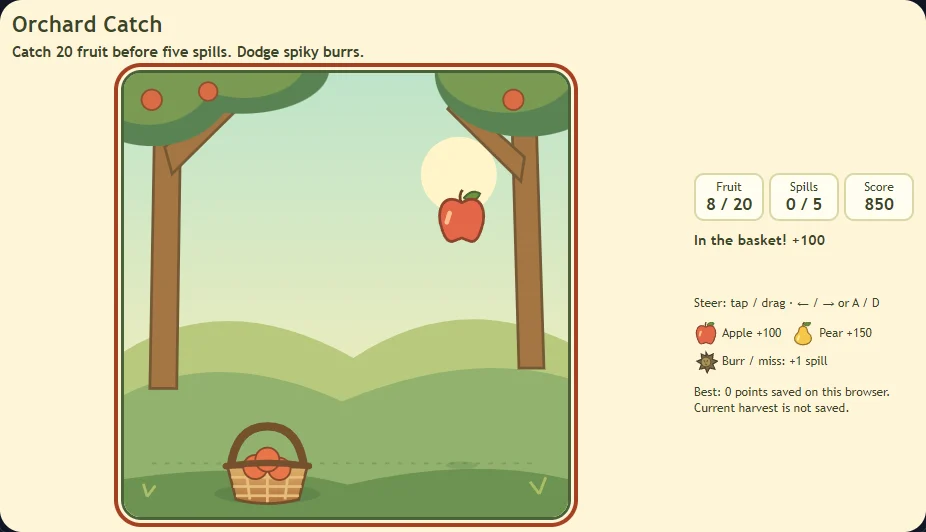 Actual Orchard Catch gameplay with eight fruit caught, 850 points, an apple falling to the right, and a basket near the bottom.
