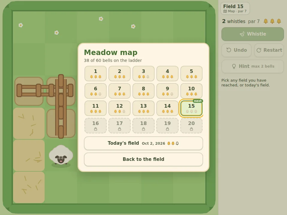 Actual Pasture Whistle meadow map over a dimmed field: 38 of 60 bells on the ladder, fields 1 to 14 each showing two or three gold bells, field 15 marked next, fields 16 to 20 locked, a Today’s field button dated Oct 2, 2026 with two bells, and a Back to the field button.