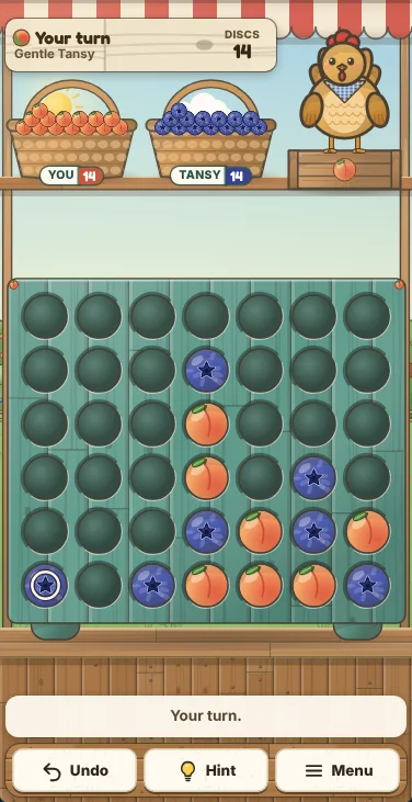 Actual Peach Lane Four in a Row gameplay on a phone-sized screen: the turn sign, the two fruit baskets and Tansy the hen on her crate across the top under the striped awning, the teal rack filling the width below with peaches and blueberries in it and Tansy’s last blueberry ringed in white, the message line, and Undo, Hint and Menu on the shelf at the bottom.