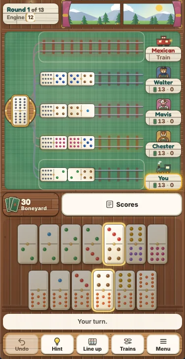 Actual Pinecone Pass Mexican Train gameplay on a phone held upright, early in round 1: the round sign and the dining car window at the top, the double 12 in its station on the left, five lanes of track with two dominoes each on Walter’s, Mavis’s, Chester’s and your own train and the Mexican Train not yet started, the boneyard with 30 tiles and the Scores button, your rack of thirteen tiles in two rows with the two playable ones outlined in gold, the message Your turn, and the Undo, Hint, Line up, Trains and Menu buttons at the bottom.