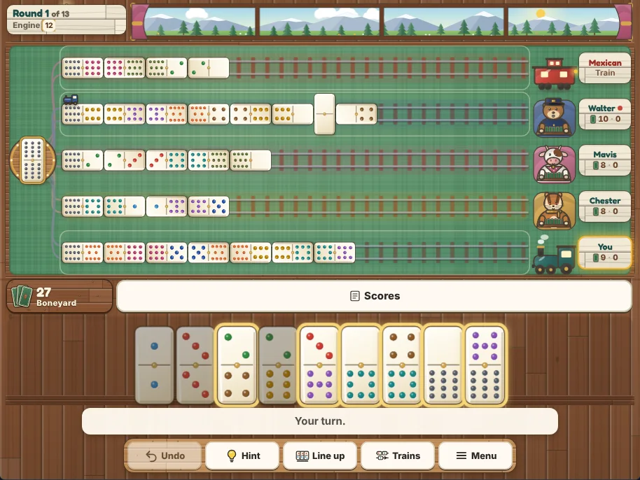 Actual Pinecone Pass Mexican Train gameplay on a desktop browser in round 1: the round sign and the dining car window onto the mountains at the top, the double 12 in a wooden station on the left of the felt table, and five trains of dominoes running right along their lanes toward the Mexican Train caboose, Walter the marmot, Mavis the cow, Chester the chipmunk and your own locomotive. Walter’s train has a marker and a double in it. Name plates show each player’s tiles in hand and score. Below are the boneyard with 27 tiles, the Scores button, your rack of nine tiles with six outlined in gold as playable and the rest dimmed, the message Your turn, and the Undo, Hint, Line up, Trains and Menu buttons.
