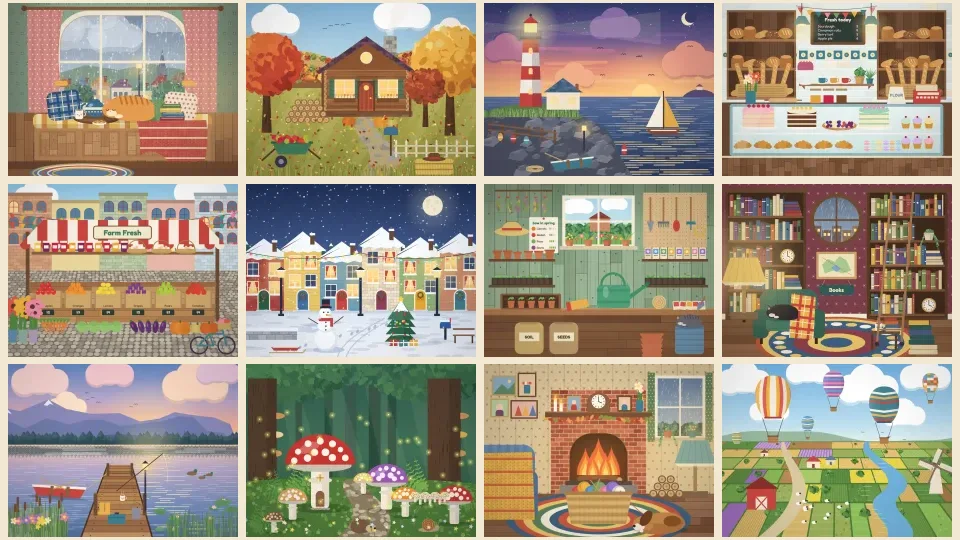 All twelve Rainy Day Jigsaw pictures in a grid: Window Seat, Autumn Cabin, Lighthouse at Dusk, Bakery Counter, Market Stall, Snowy Street, Potting Shed, Bookshop Corner, Sunrise Dock, Mushroom Forest, Fireside Knitting and Balloon Fields.