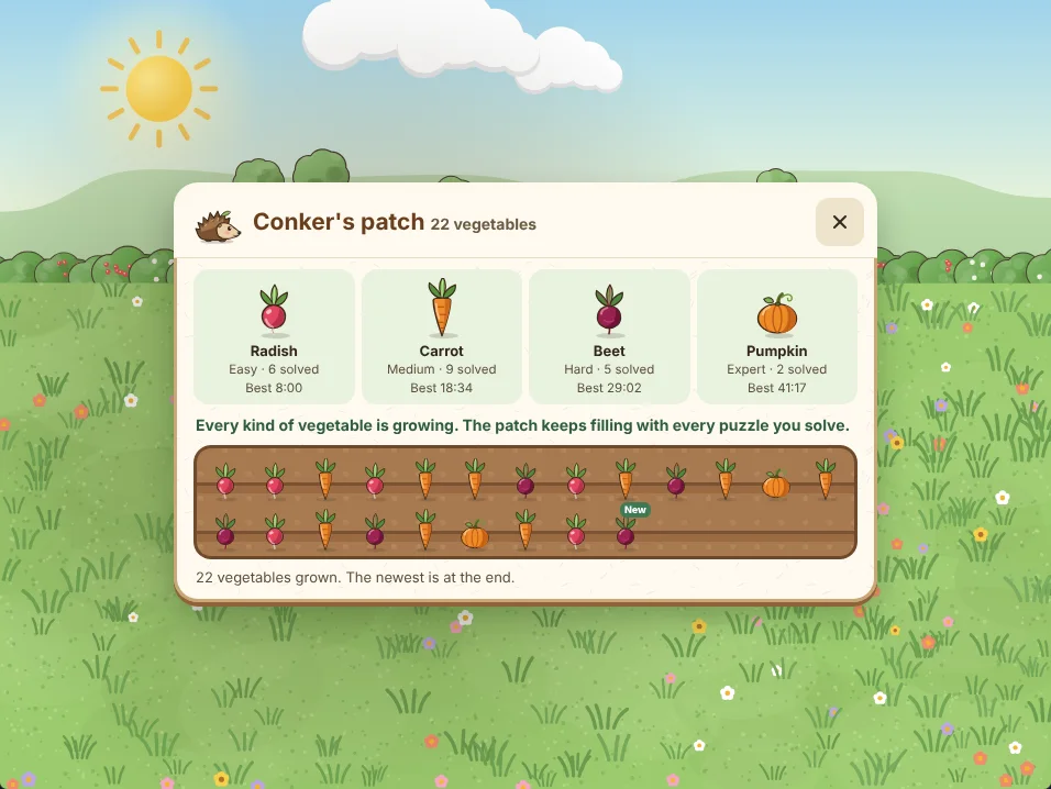 Conker’s patch in Sprout Killer Sudoku: Conker the hedgehog beside the title, a radish, carrot, beet and pumpkin with the puzzles solved and best time for Easy, Medium, Hard and Expert, and 22 vegetables growing in two rows of soil.