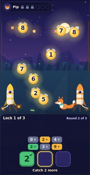 Actual Starlight Launch gameplay on a phone: fireflies with digits over the meadow, two guesses with gray, amber and green clues, and a green 2 kept in the first slot.