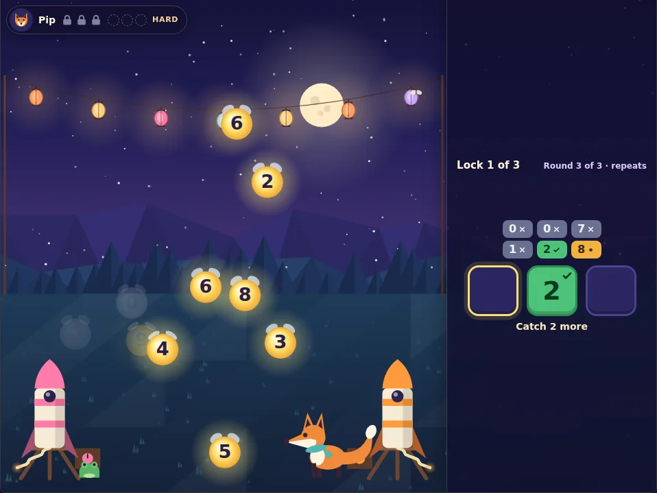Actual Starlight Launch gameplay on a desktop screen in round three, with the guesses 0 0 7 all gray and 1 2 8 as gray, green and amber, and Pip the fox beside its orange rocket.