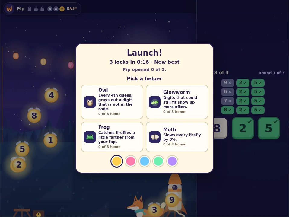 Actual Starlight Launch round result reading Launch!, 3 locks in 0:16, New best, with four helper choices and five firework color swatches.