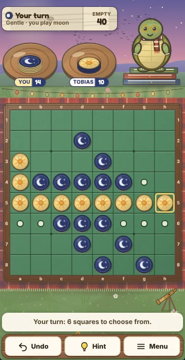 Actual Starling Hill Reversi gameplay on a phone-sized screen: the turn sign, the two disc-count coasters and Tobias the tortoise on his books across the top under the evening sky, the board filling the width below with cream dots on the squares you can play, the message line, and Undo, Hint and Menu on the shelf at the bottom.