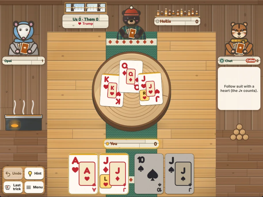 Actual Sugar Camp Euchre gameplay on a desktop browser: the maple sugarhouse with Opal the opossum on the left, Hollis the black bear at the top and Chet the chipmunk on the right, each with a name plate showing who deals, who called trump and their tricks, a trick in progress on a round log slab in the middle, the score sign showing the score and the trump suit, your cards along the bottom with trump first and the cards you may play outlined, and Undo, Hint, Last trick and Menu on a shelf.