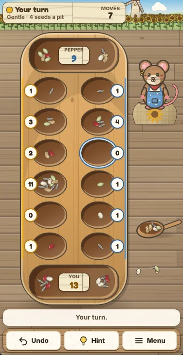 Actual Sunflower Mill Mancala gameplay on a phone-sized screen: the board stands lengthwise with your gold-edged pits down the left and Pepper’s blue-edged pits up the right, her store at the top and yours at the bottom, every pit showing its count on a badge, Pepper on her seed sack beside the board, and Undo, Hint and Menu on the shelf at the bottom.