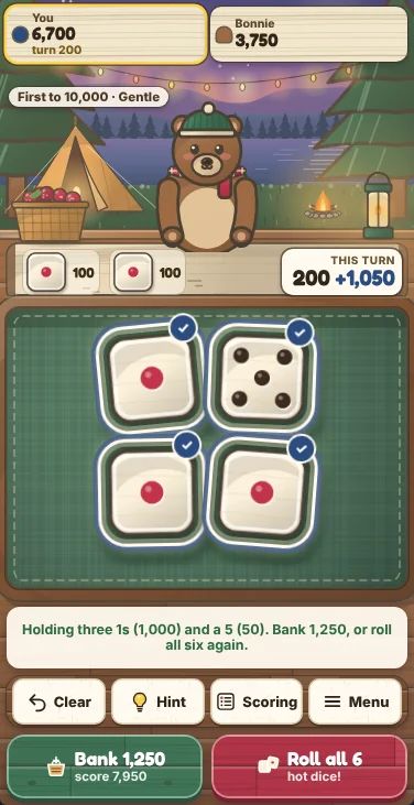 Actual Thimbleberry Camp Dice gameplay on a phone-sized screen: the score tags at the top, Bonnie the bear behind the table in front of the dusk lake and tent, the birch board with the dice set aside and the turn’s points, the dice filling the green felt tray with held dice ringed, the message line, Clear, Hint, Scoring and Menu on a shelf, and Bank and Roll side by side at the bottom.