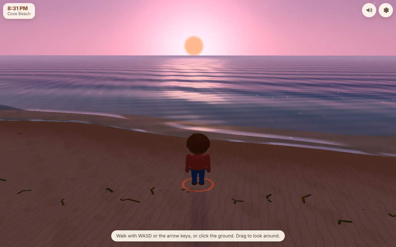 Actual CozyWorld Village screenshot: Cove Beach at sunset, with the sea, the sand and the sea wall.