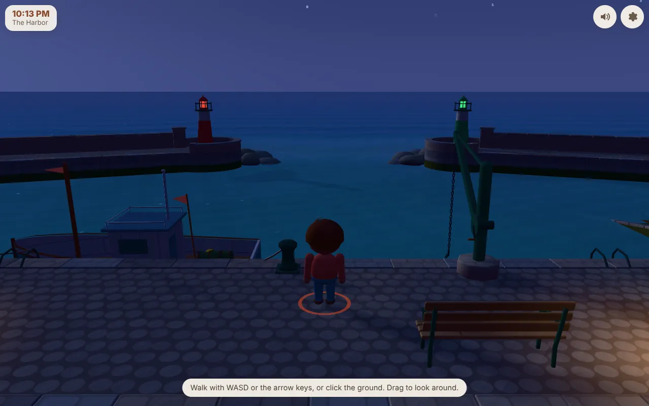 Actual CozyWorld Village screenshot: the harbor at night, with boats on the water and the harbor lights shining.