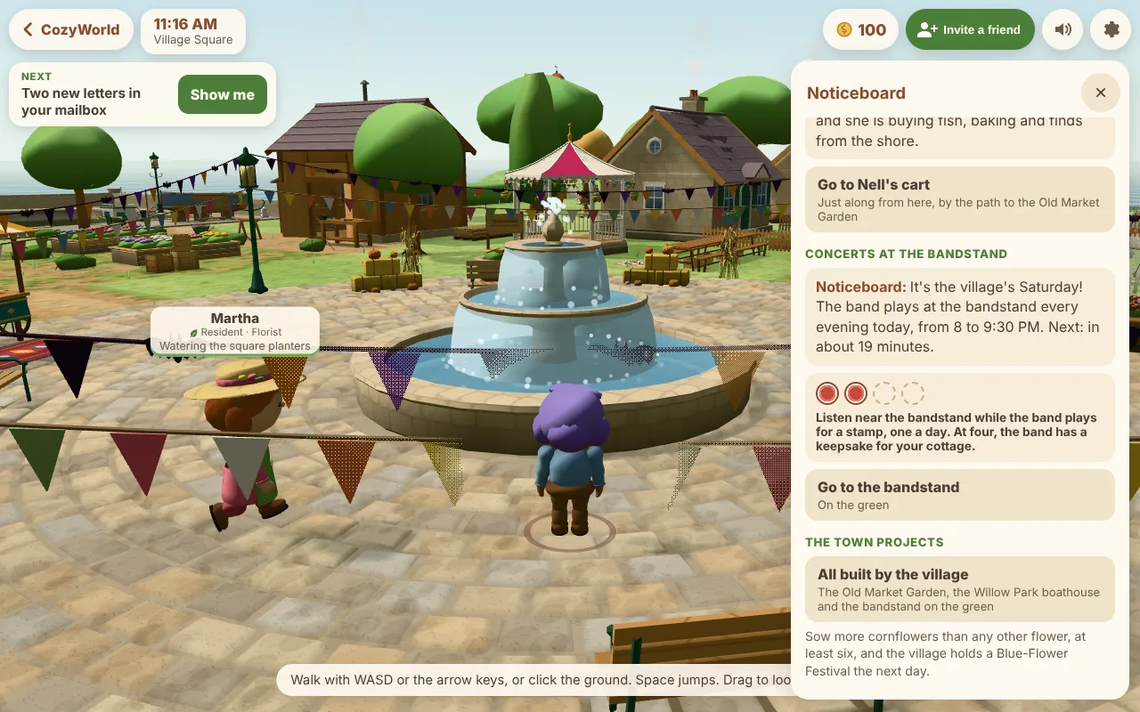 Actual CozyWorld Village screenshot: the noticeboard open beside the village square, its Concerts at the bandstand section saying the band plays every evening today, with a concert stamp card showing two of four stamps.