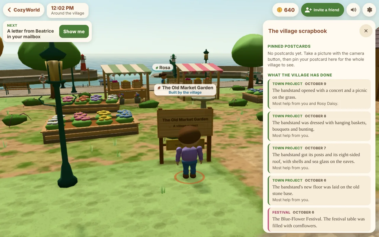Actual CozyWorld Village screenshot: the village scrapbook open beside the Old Market Garden, listing the bandstand's stages and the Blue-Flower Festival, each with its date and who helped most.