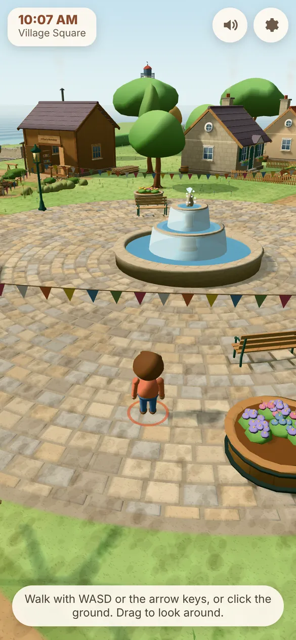 Actual CozyWorld Village screenshot on a phone-sized screen: the player in the village with the on-screen controls.