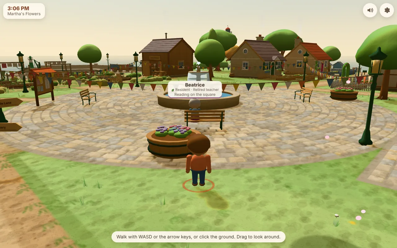 Actual CozyWorld Village screenshot: the village square on a sunny afternoon, with the fountain, cottages, shops and residents out and about.